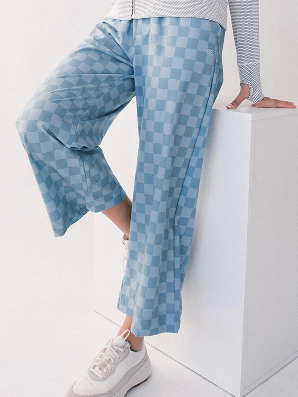 Checked Cropped Wide-Leg Pants in Light Blue